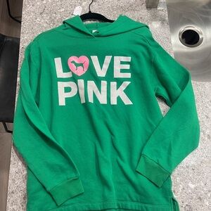 Hanes Green Hoodie with Pink and White 'LOVE PINK' Graphic